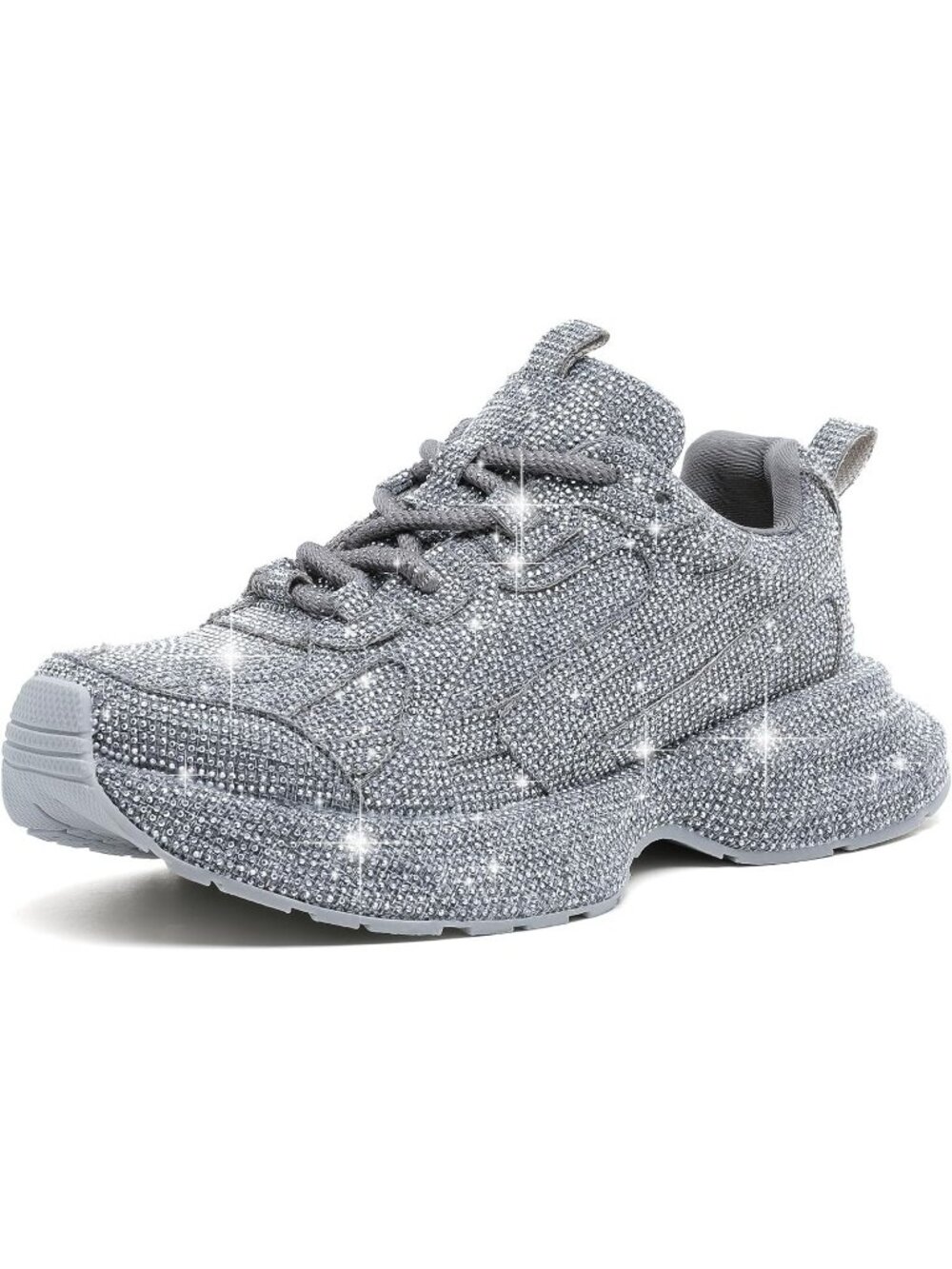 Women's Grey Fashion Bling Sparkly Walking Glitter Rhinestone Lace Up Sneakers